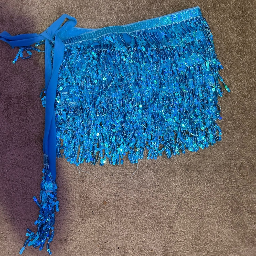 blue sequins skirt with tassel scarf side tie
